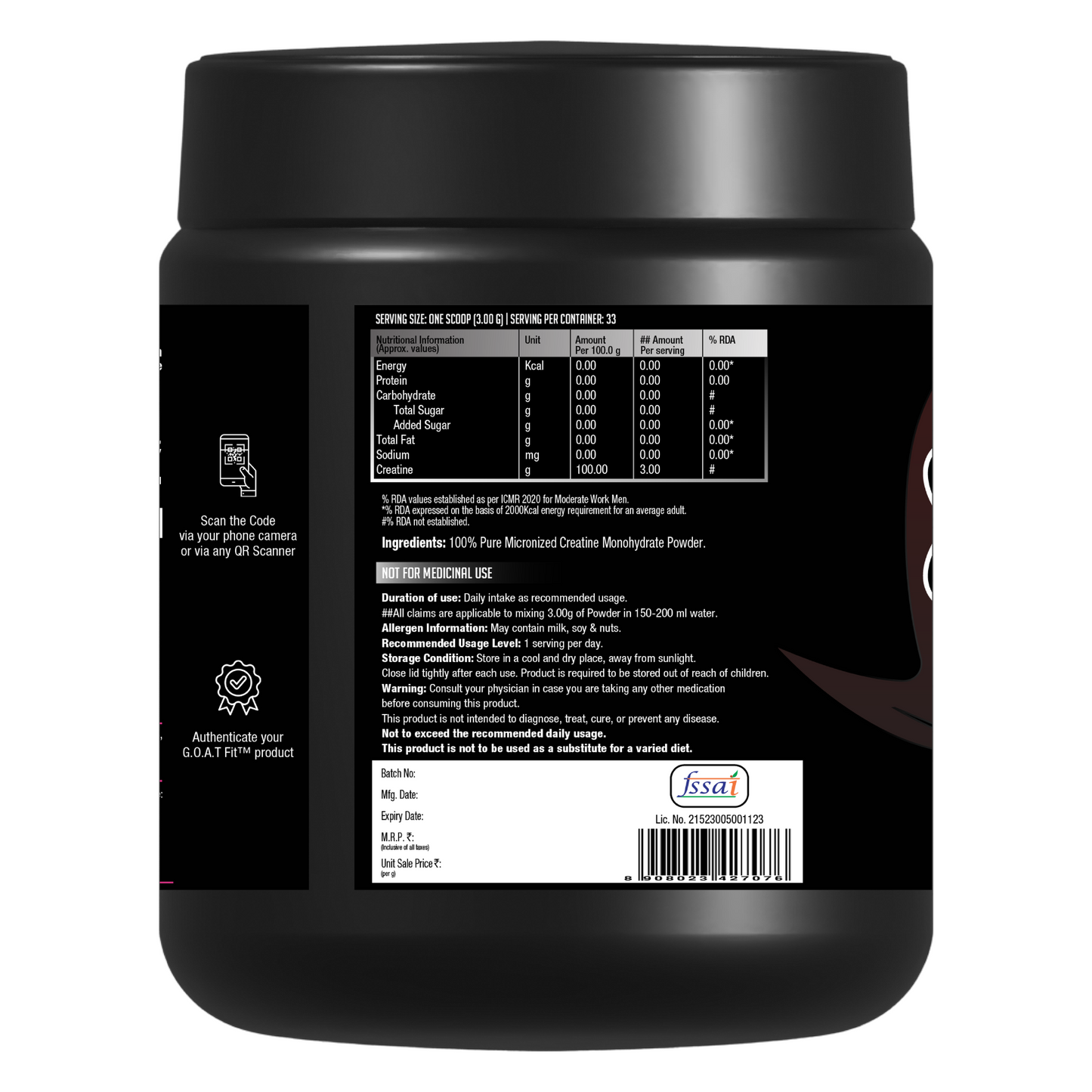 G.O.A.T Fit | 100% Pure Micronized Creatine Monohydrate | 100gms | Unflavoured