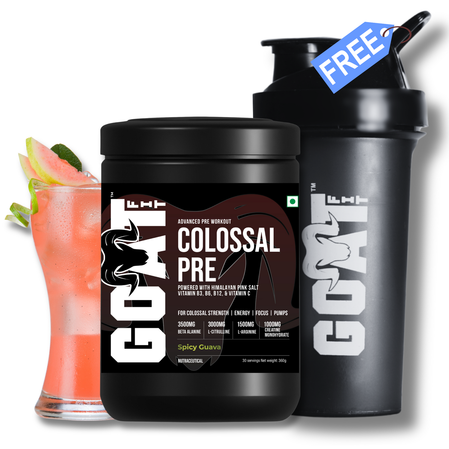 Free Shaker with G.O.A.T Fit Colossal Pre Spicy Guava 360gms/30 Servings