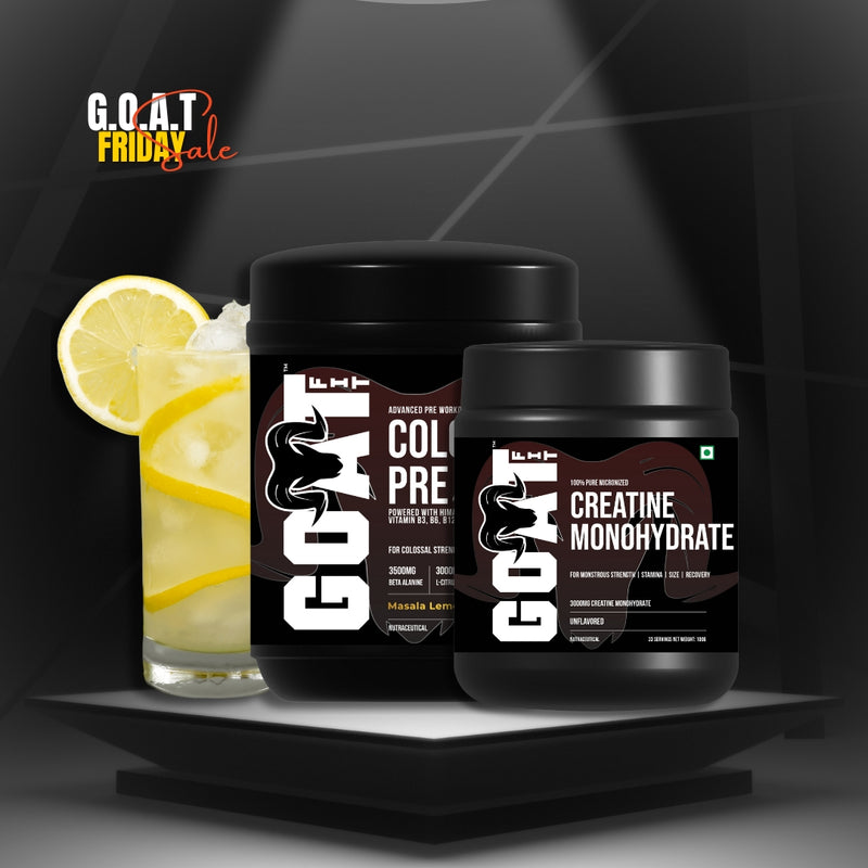 Colossal Combo | Colossal Pre Masala Lemonade 180gm Pre Workout  + 100% Pure and Micronised Unflavoured Creatine 100gm