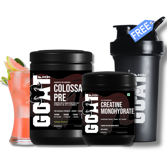 G.O.A.T Fit Colossal Combo with Free Shaker | Colossal Pre + Creatine Monohydrate + Free Protein Shaker | Spicy Guava Pre Workout 360gm + Unflavored Creatine 250gm