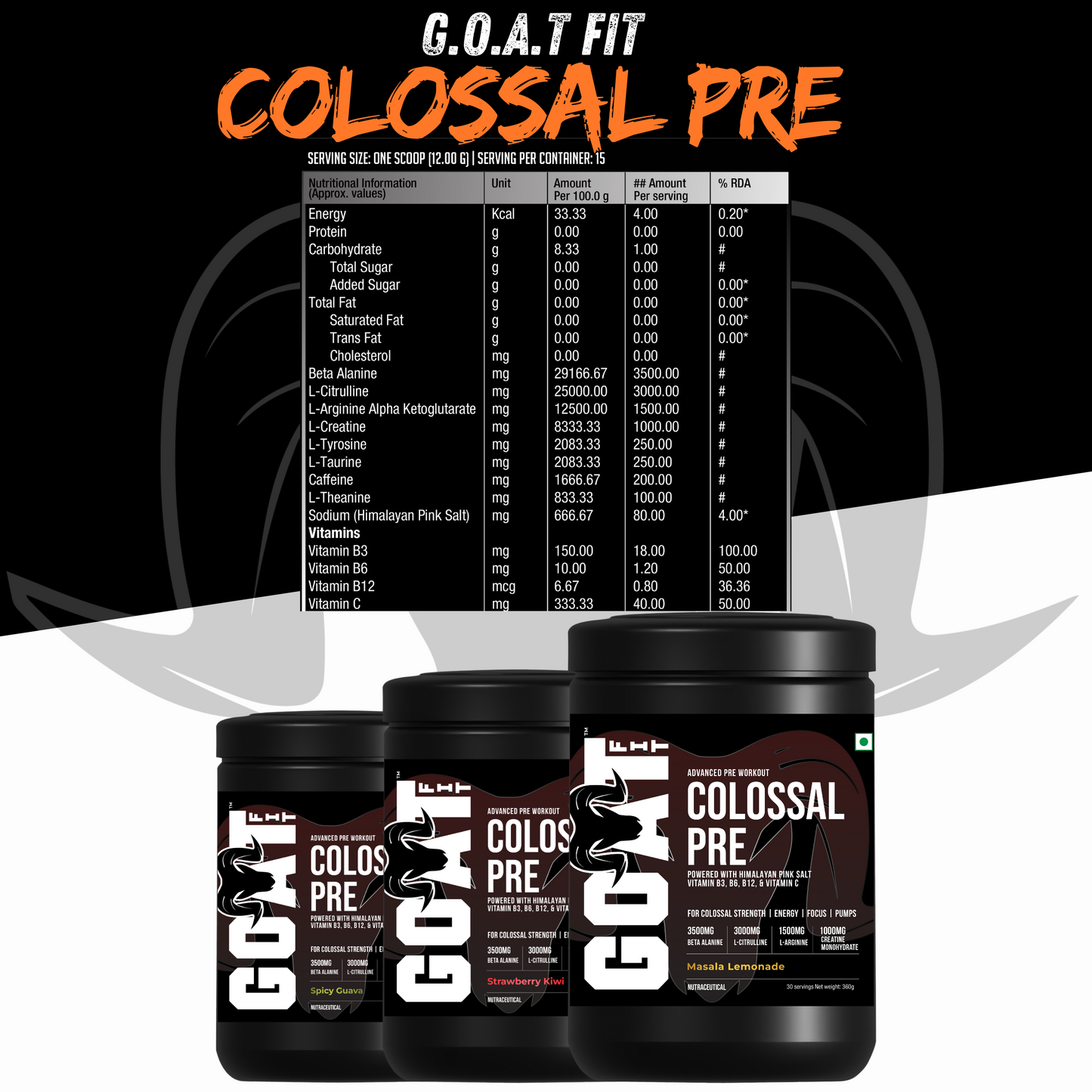 G.O.A.T Fit Colossal Pre - Masala Lemonade | Single Serving Sachet | For Colossal Strength, Pumps, Focus and Endurance