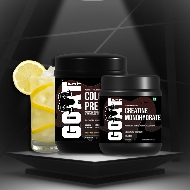 Colossal Combo | Colossal Pre Masala Lemonade 180gm Pre Workout  + 100% Pure and Micronised Unflavoured Creatine 100gm