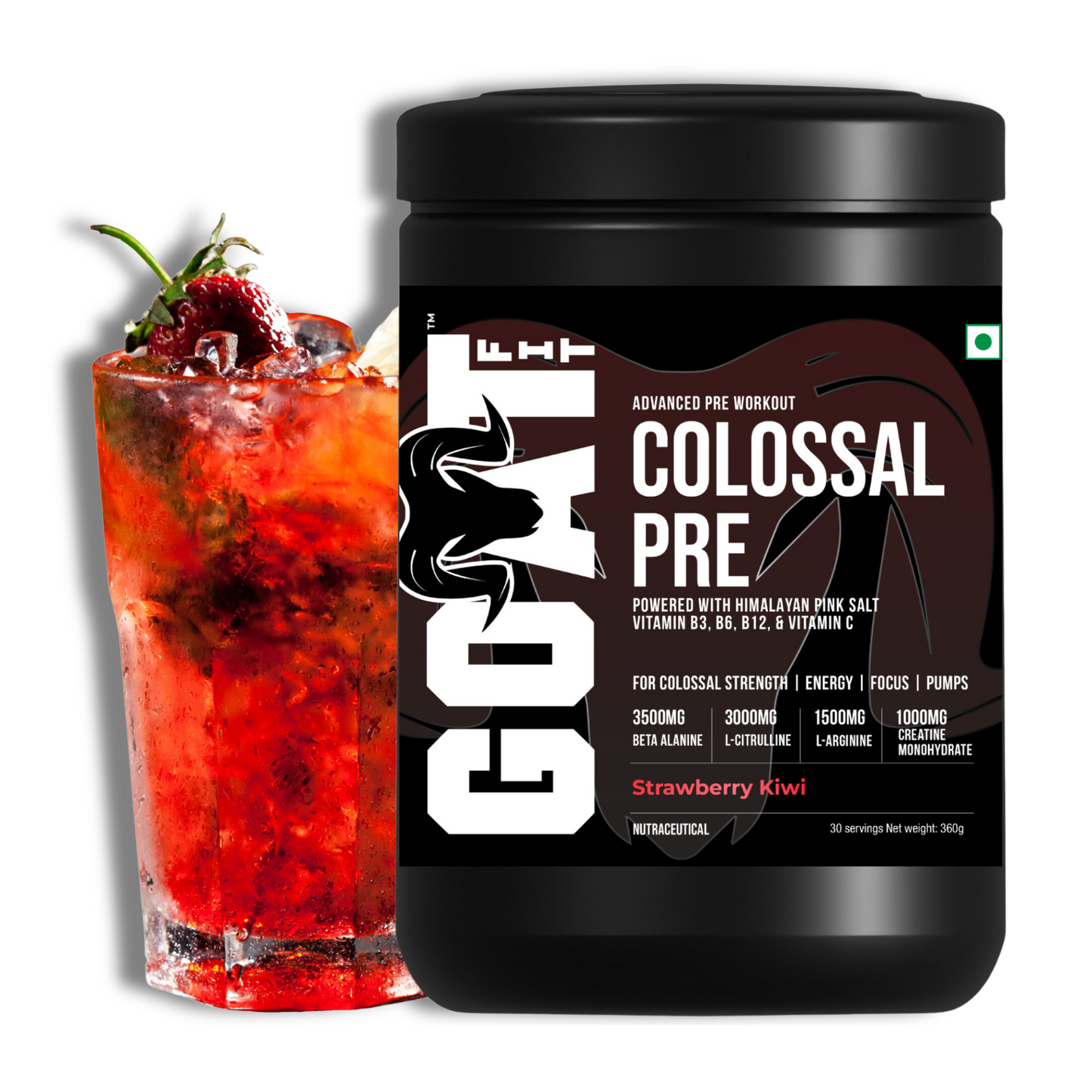 G.O.A.T Fit Colossal Pre - Strawberry Kiwi | 360gms | For Colossal Strength, Pumps, Focus and Endurance